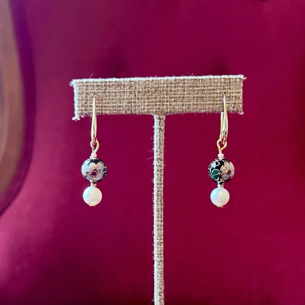 Handmade 18k Gold Plated Cloisonné & Pearl Drop Earrings